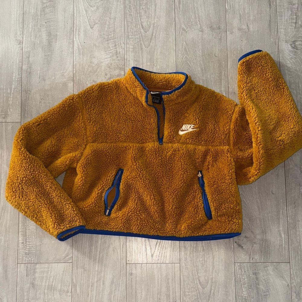 Nike Yellow-Orange Sherpa Quarter-Zip Pullover with Blue Trim Youth